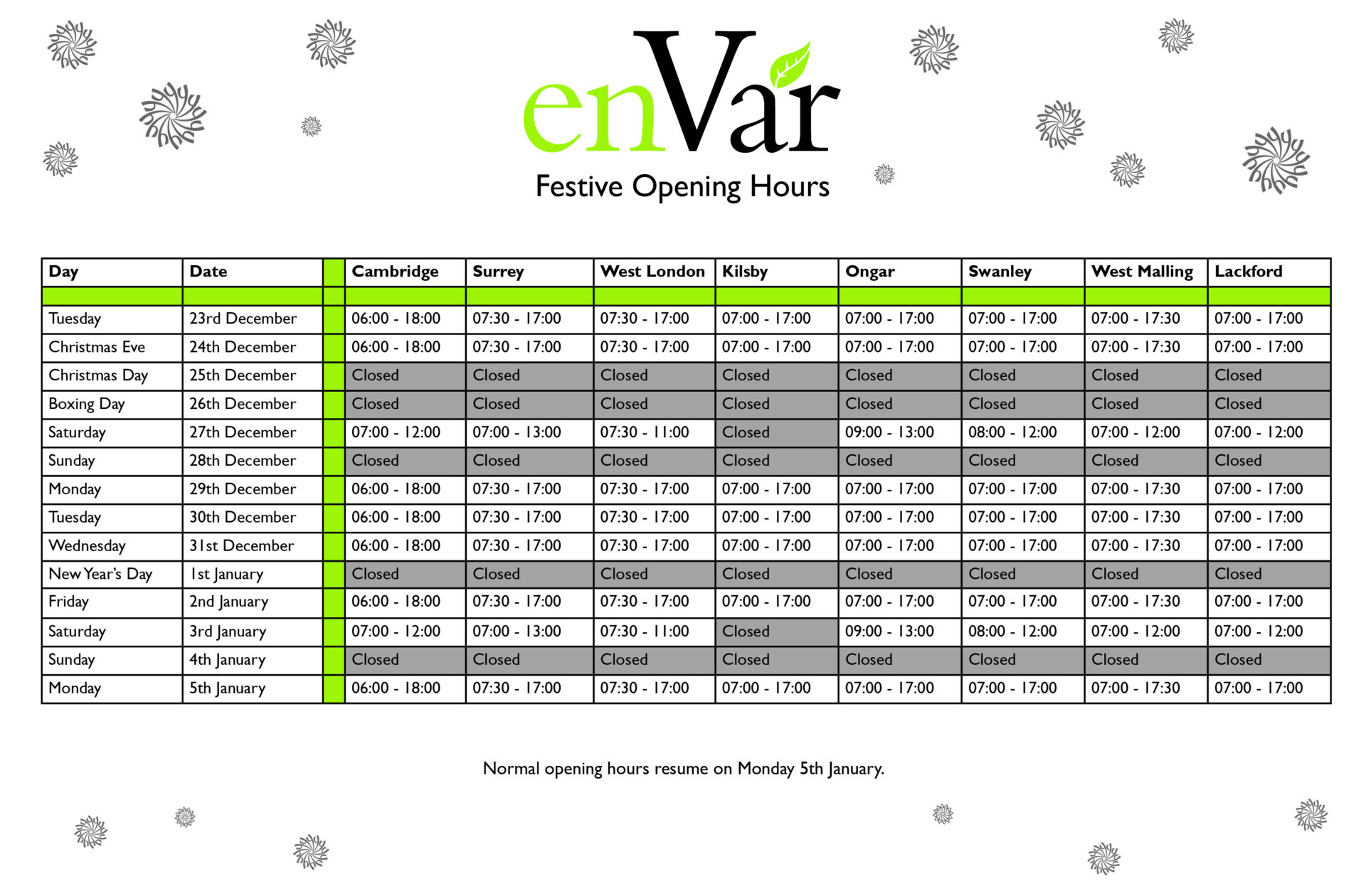 Festive Operating Hours 2025 Festive Opening Hours - Envar Composting Ltd